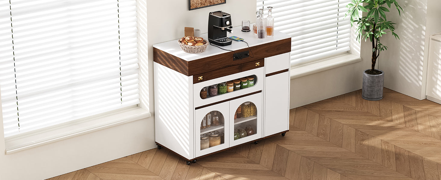 TREXM Extendable Dining Table with Extra-Long Folding Top, Rolling Kitchen Island with Drawers, Power Outlet and Brake lock, Storage Cabinet for Kitchen and Dining Room (Walnut + Creamy White)