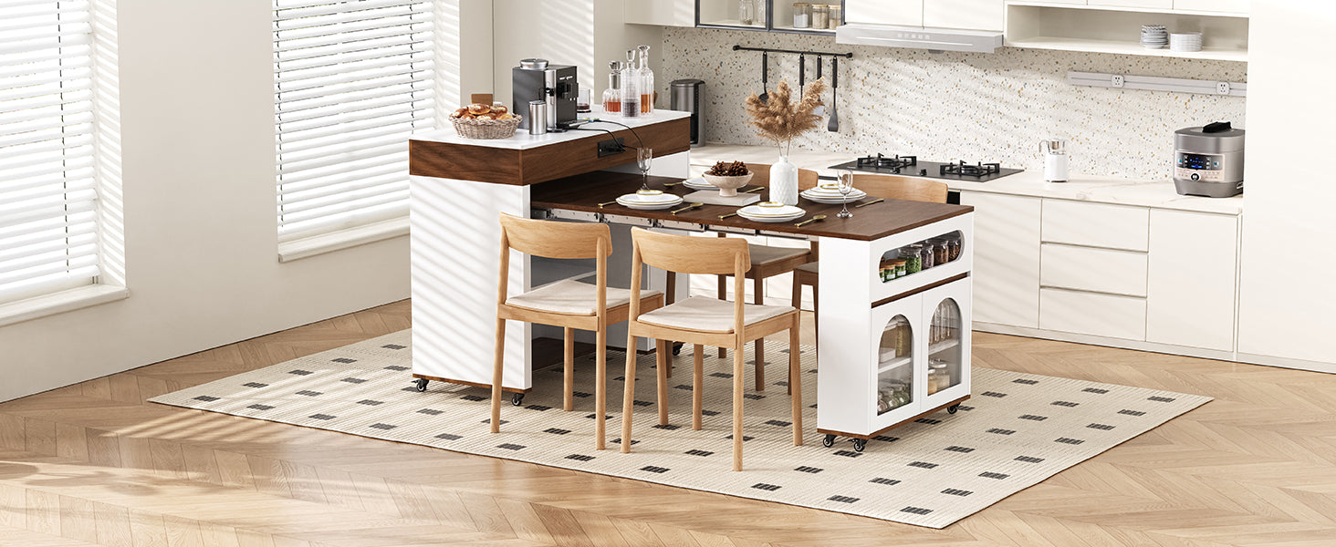 TREXM Extendable Dining Table with Extra-Long Folding Top, Rolling Kitchen Island with Drawers, Power Outlet and Brake lock, Storage Cabinet for Kitchen and Dining Room (Walnut + Creamy White)