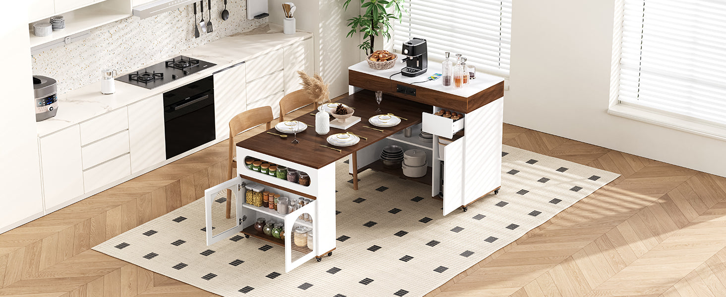 TREXM Extendable Dining Table with Extra-Long Folding Top, Rolling Kitchen Island with Drawers, Power Outlet and Brake lock, Storage Cabinet for Kitchen and Dining Room (Walnut + Creamy White)
