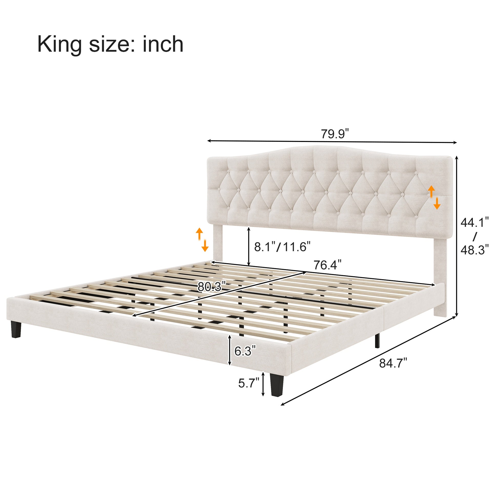 Upholstered Platform Bed with Saddle Curved Adjustable Headboard and Diamond Tufted Details,Wooden Slats and Metal Support, No Box Spring Needed,King, Beige