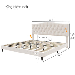 Upholstered Platform Bed with Saddle Curved Adjustable Headboard and Diamond Tufted Details,Wooden Slats and Metal Support, No Box Spring Needed,King, Beige