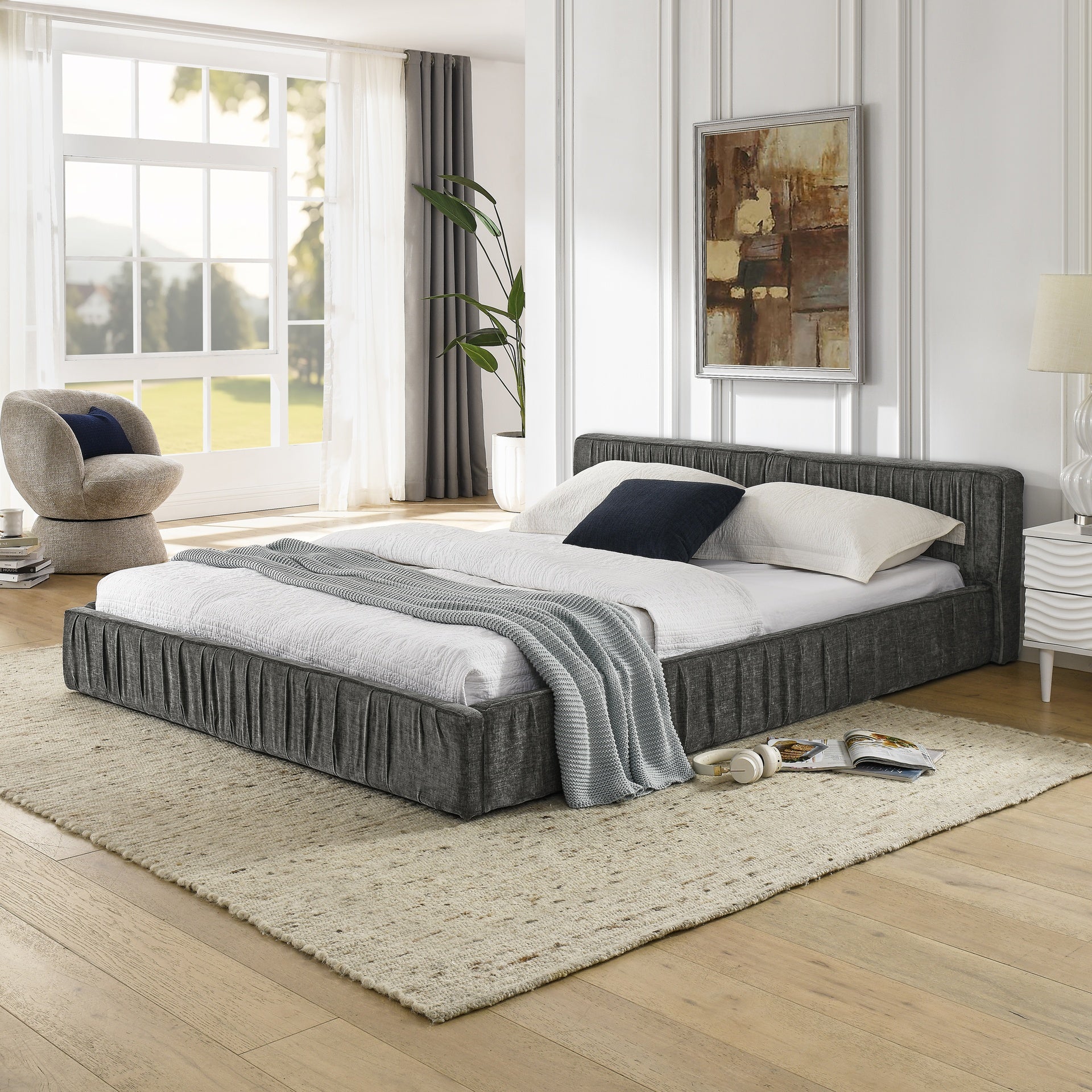 Queen Size Upholstered Bed Frame with Chenille fabric with pleated design,Grounded Queen Size Platform Bed with Headboard and Solid Frame. No Box Spring Needed-Grey(88"*67"*23.5")