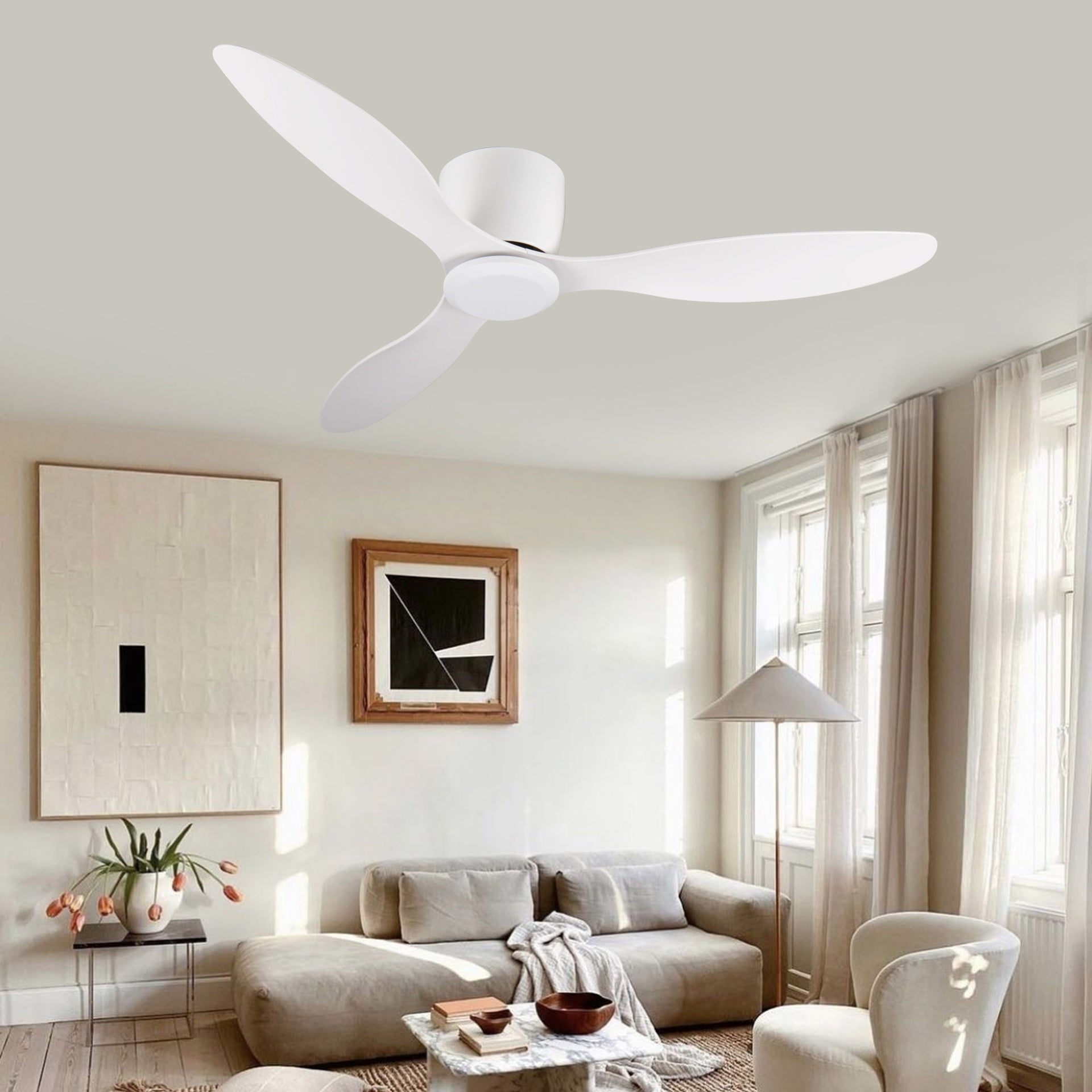 52" Flush Mount white Ceiling Fan without light, 3 Reversible Blades, with 6 Speeds Reversible DC Motor,Low Profile Ceiling Fan with no light for Living Room Kitchen Bedroom