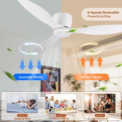 52" Flush Mount white Ceiling Fan without light, 3 Reversible Blades, with 6 Speeds Reversible DC Motor,Low Profile Ceiling Fan with no light for Living Room Kitchen Bedroom