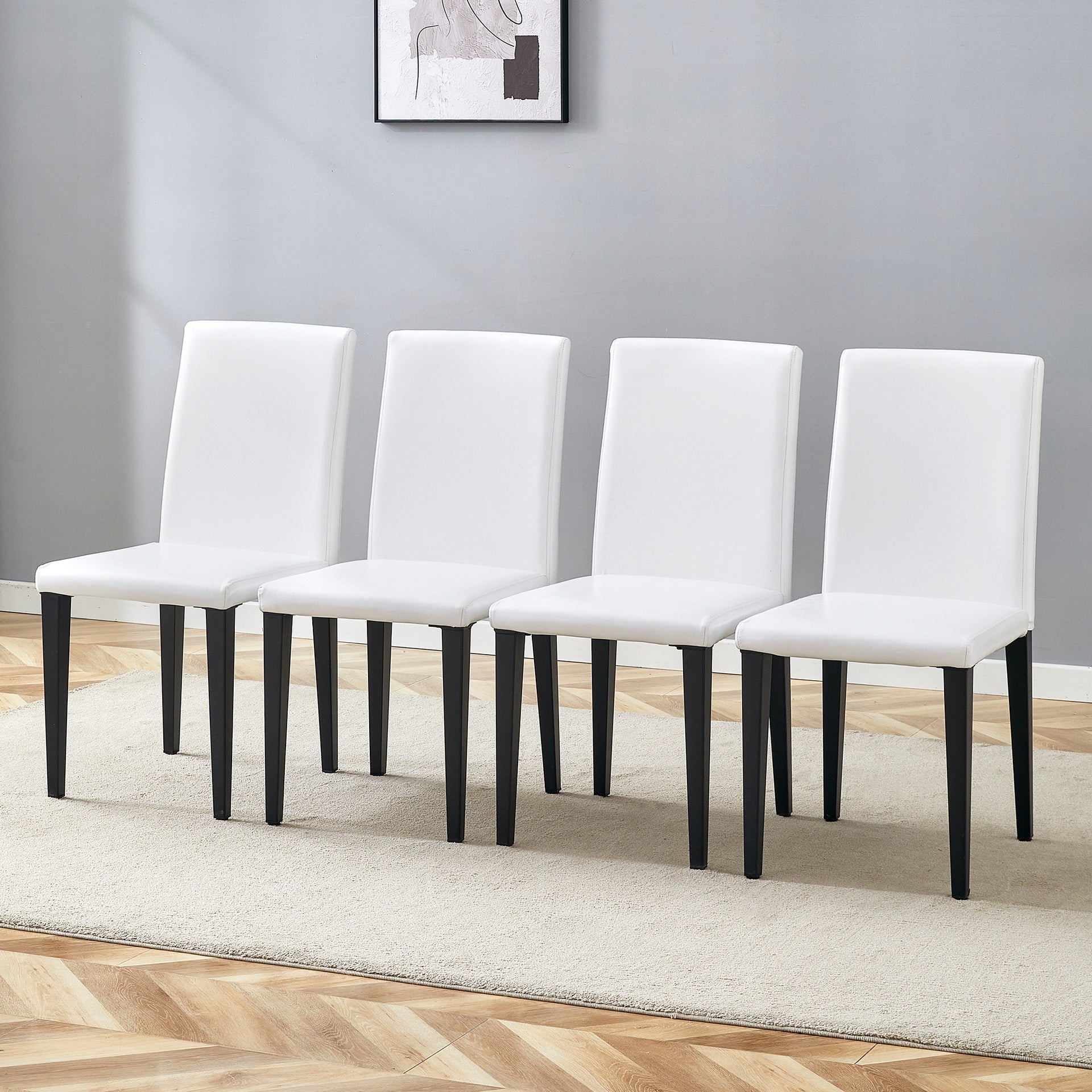Set of 4 White PU Dining Chairs: 35.4" High, 18.5" Ergonomic Backrest, 17"×16" Sponge Seat, Perfect for Dining Room, Home Office & Living Space, Stylish & Comfortable.Black Metal Leg.