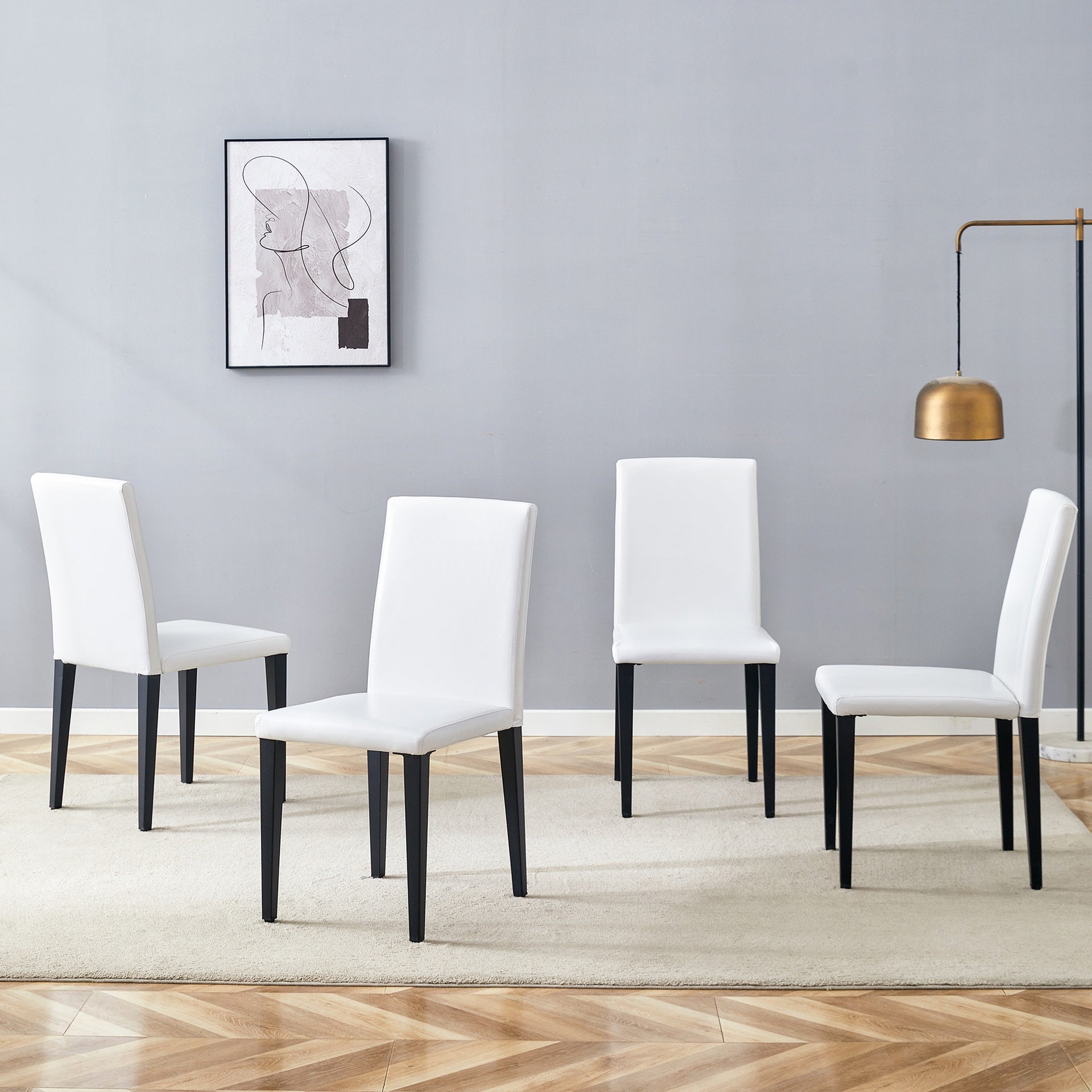 Set of 4 White PU Dining Chairs: 35.4" High, 18.5" Ergonomic Backrest, 17"×16" Sponge Seat, Perfect for Dining Room, Home Office & Living Space, Stylish & Comfortable.Black Metal Leg.