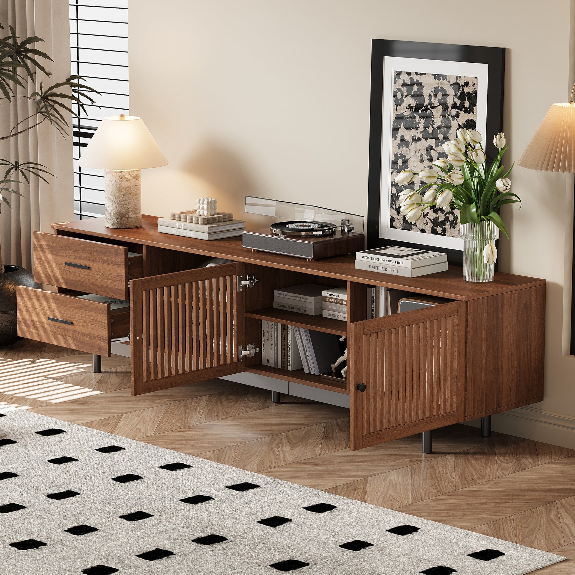 78 inch Modern TV Stand for TVs up to 85", Entertainment Center with Deep Drawers & Cable Management, Soft-Closing Hinges, Solid Wood Legs for Living Room