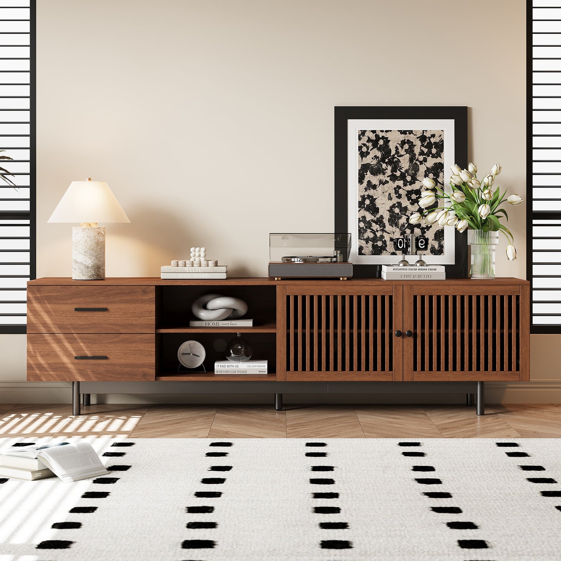 78 inch Modern TV Stand for TVs up to 85", Entertainment Center with Deep Drawers & Cable Management, Soft-Closing Hinges, Solid Wood Legs for Living Room