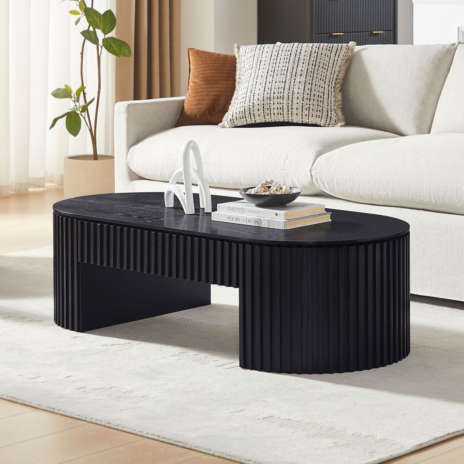 51.18'' Oval Wood Coffee Table With Drawer  Mid Century Modern Coffee Table Unique Coffee Table for Living Room Furniture, Tea Table BLACK