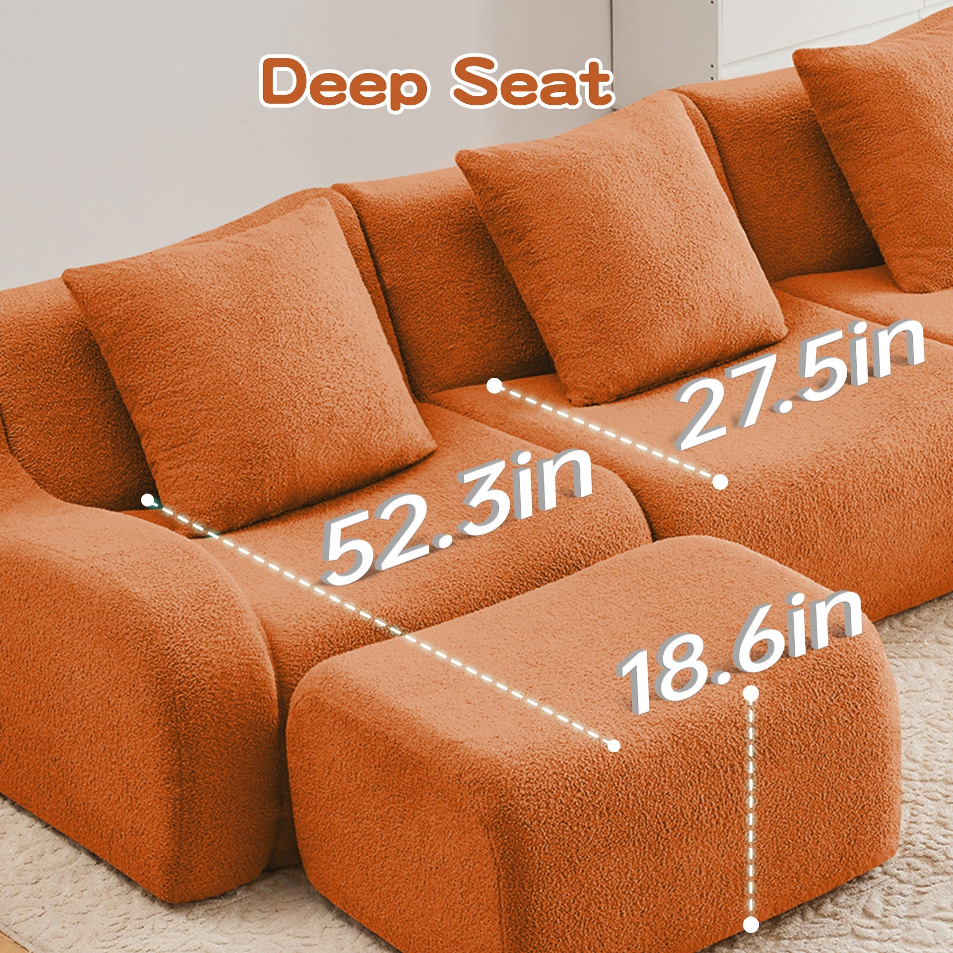 Soft Teddy Fabric Boneless Sofa,Anti-Slip Design,Assembly Chaise Lounge Curved Armrests Ergonomic Support 32D High Density Sponge,For Living Rooms Bedrooms,Orange
