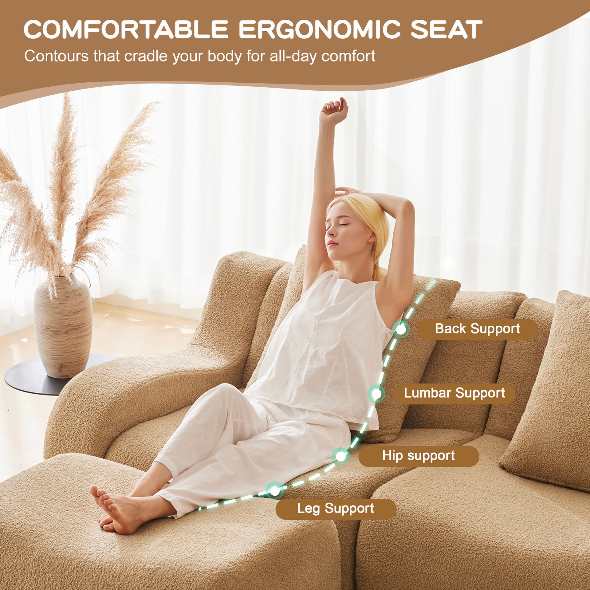 Boneless Sofa,3 Seat High-Quality Teddy Fabric,Anti-Slip Design,No Assembly Curved Armrests Streamlined Design,32D High Density Sponge For Living Rooms Bedrooms Reading Nook,Camel