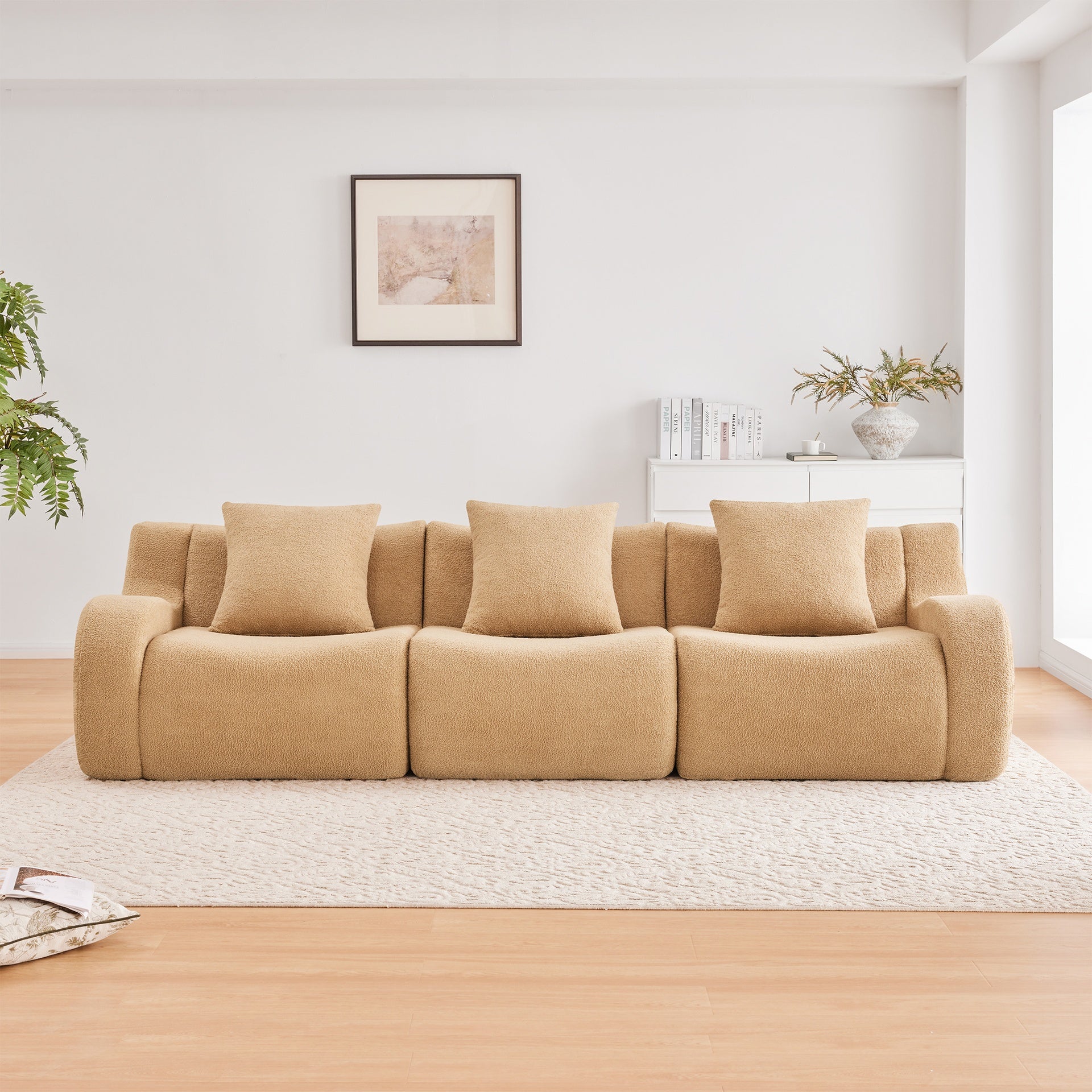 Boneless Sofa,3 Seat High-Quality Teddy Fabric,Anti-Slip Design,No Assembly Curved Armrests Streamlined Design,32D High Density Sponge For Living Rooms Bedrooms Reading Nook,Camel