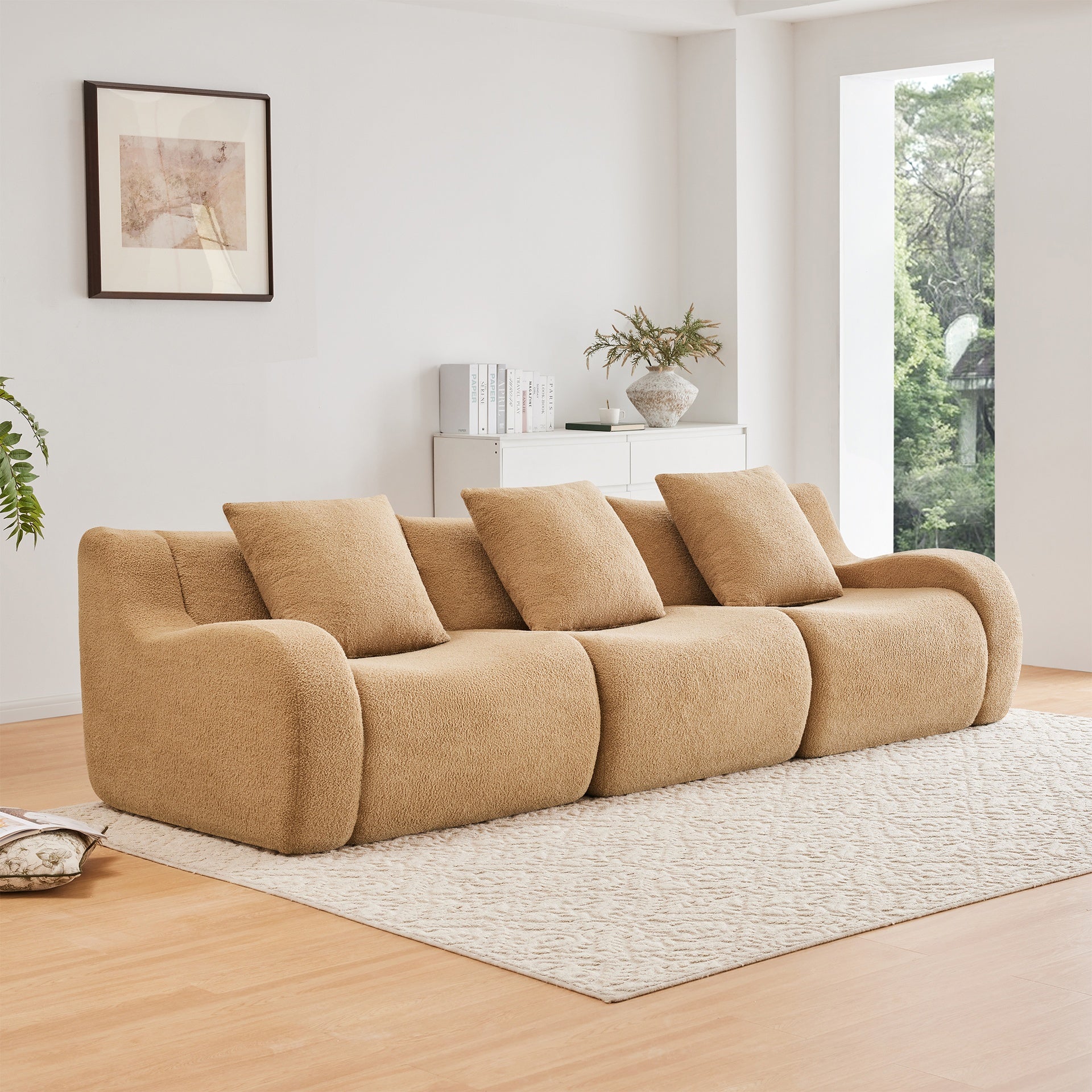 Boneless Sofa,3 Seat High-Quality Teddy Fabric,Anti-Slip Design,No Assembly Curved Armrests Streamlined Design,32D High Density Sponge For Living Rooms Bedrooms Reading Nook,Camel