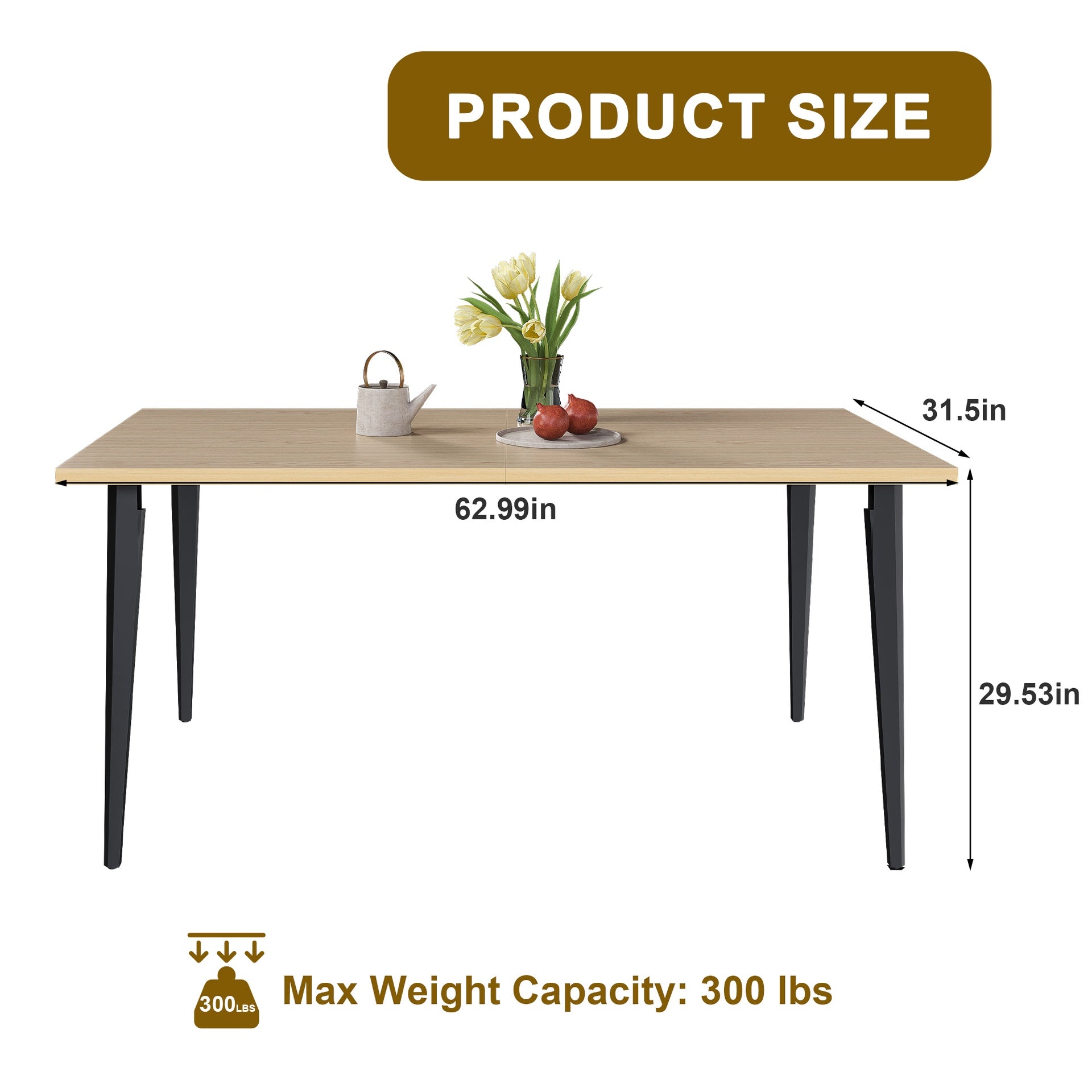 63-inch Modern Dining Table, Wooden Tabletop & Rust-Resistant Iron Legs, Rectangular Kitchen Table for 6-8 People, Rustic Industrial Design for Dining Room, Patio(Table Only)