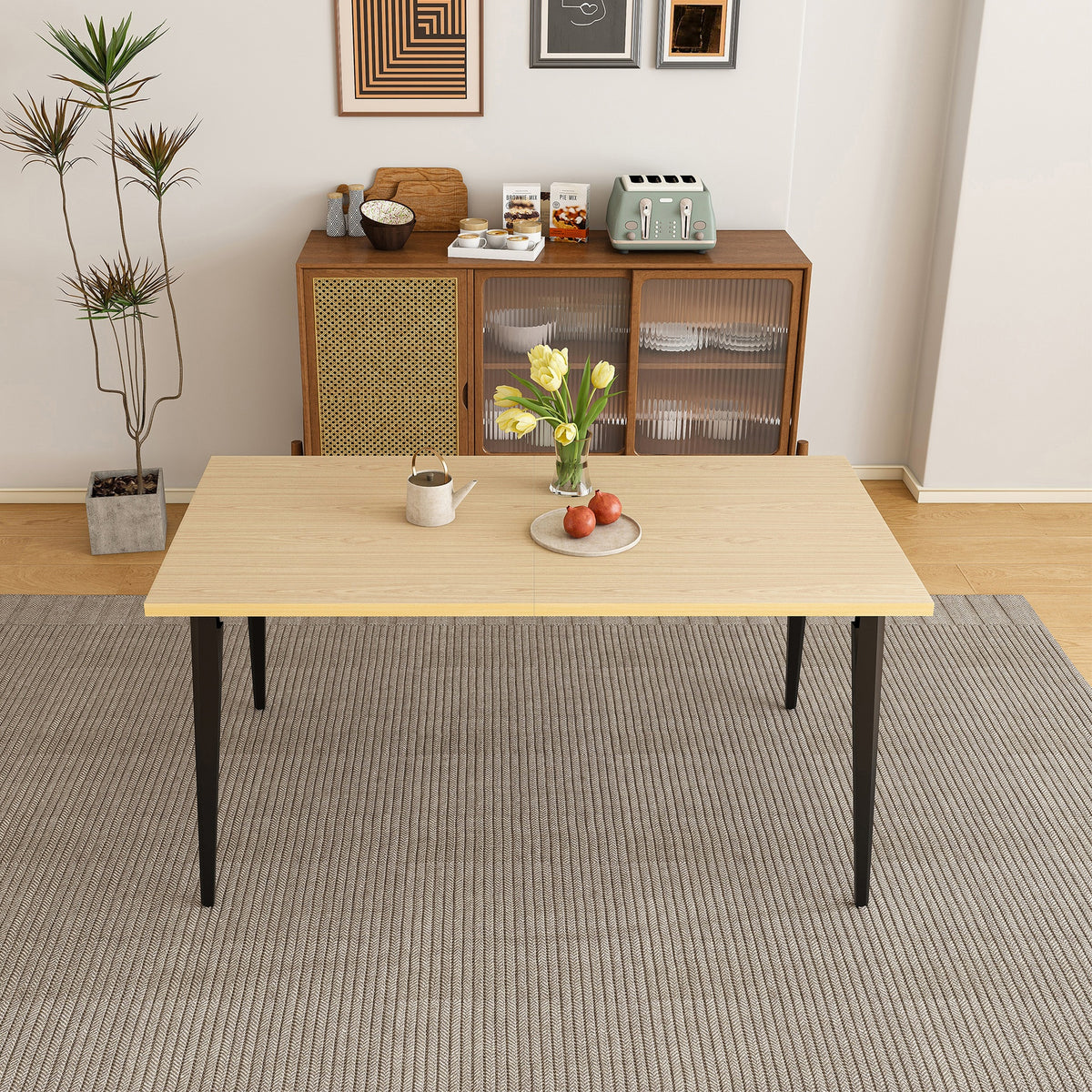 63-inch Modern Dining Table, Wooden Tabletop & Rust-Resistant Iron Legs, Rectangular Kitchen Table for 6-8 People, Rustic Industrial Design for Dining Room, Patio(Table Only)