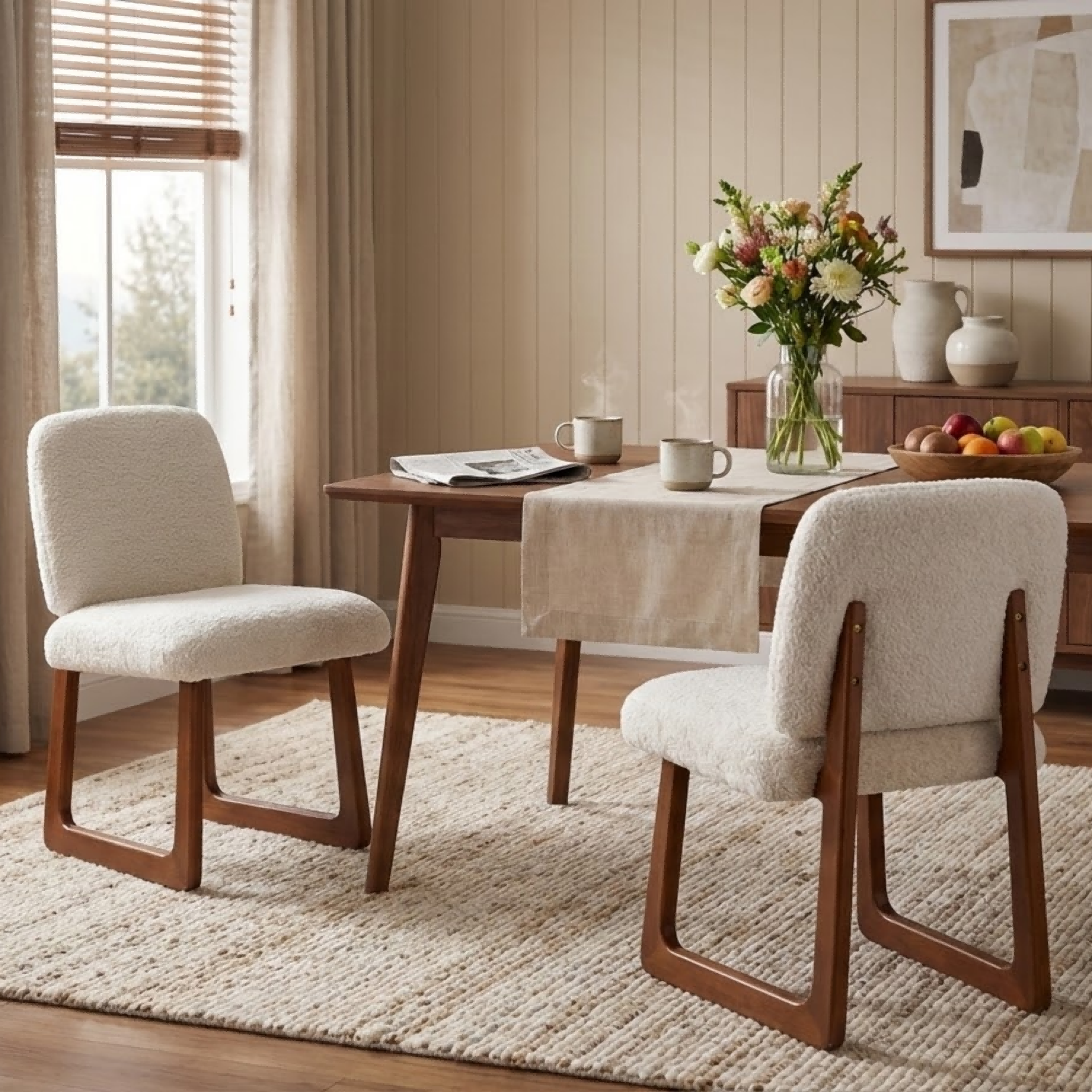 Dining Chair Set of 2, Plush Fabric Upholstered Dining Chairs with Curved Wooden Legs and Beige Fabric,300lbs Capacity