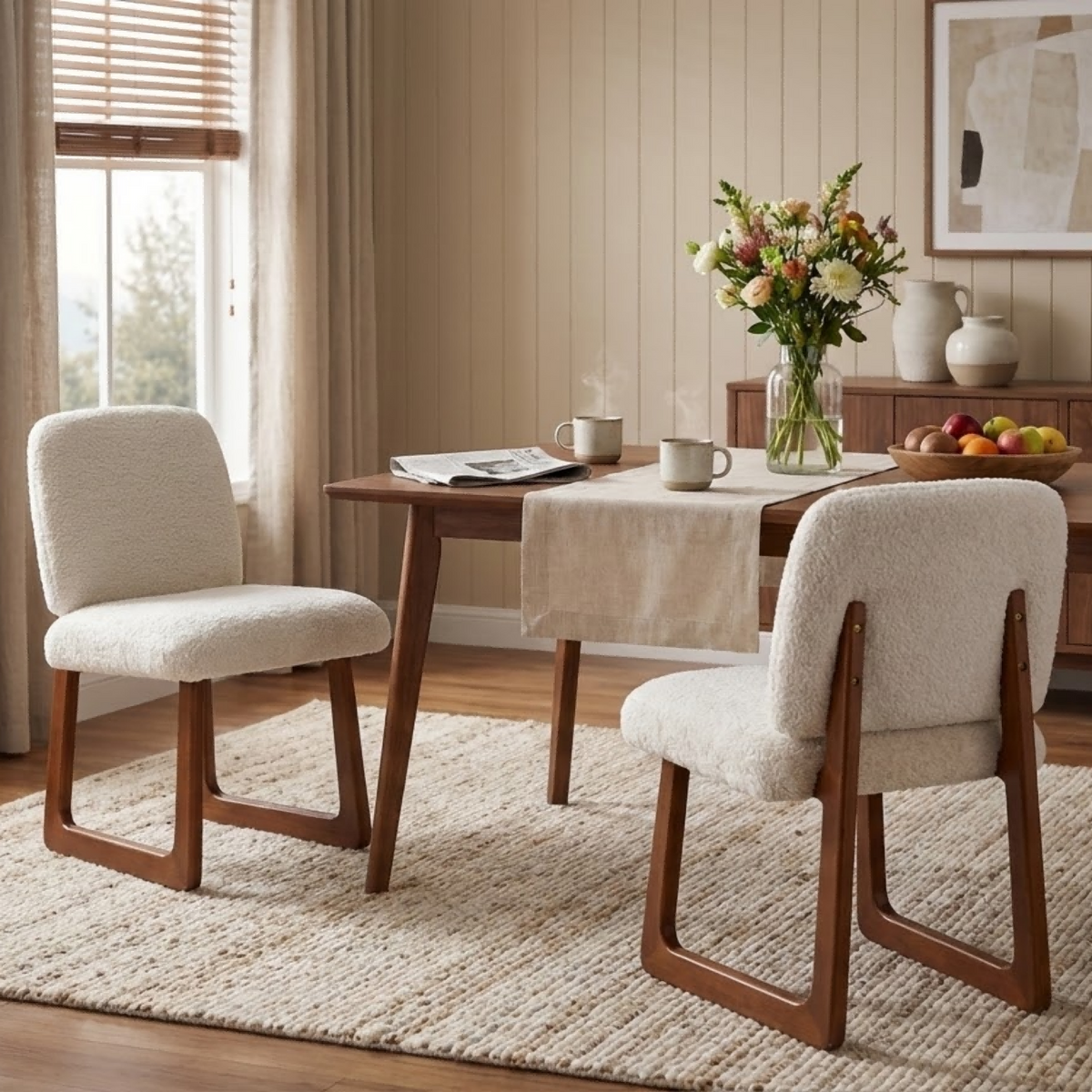 Dining Chair Set of 2, Plush Fabric Upholstered Dining Chairs with Curved Wooden Legs and Beige Fabric,300lbs Capacity