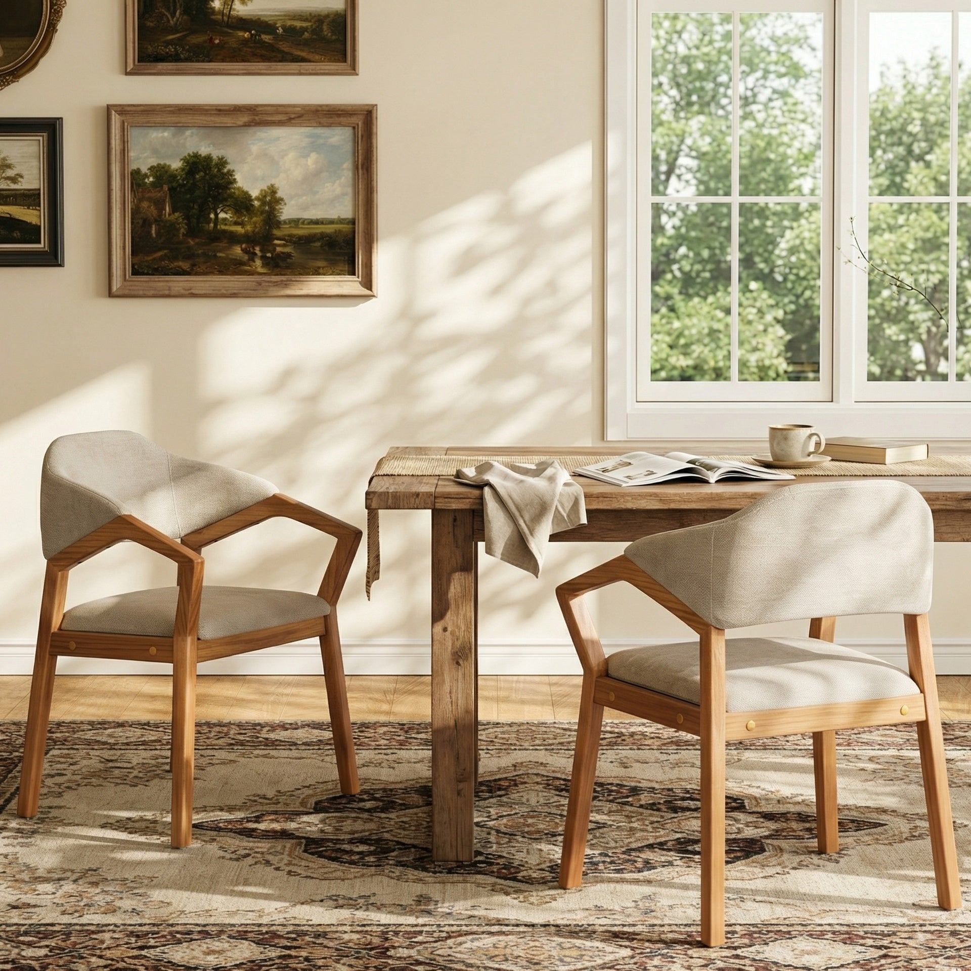 Indoor Dining Chair Set of 2, Oatmeal Chenille Upholstered Armchair with Sturdy Frame, 300lbs Capacity, Ergonomic Curved Backrest