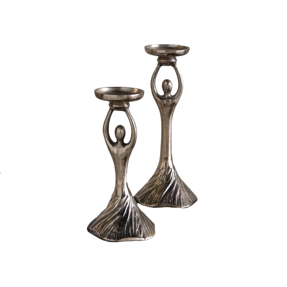 Set of 2 Gold Aluminum Pillar Holder With Abstract Lady Design, S: 4.5x9.5", L: 4.5x11.5"