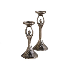 Set of 2 Gold Aluminum Pillar Holder With Abstract Lady Design, S: 4.5x9.5", L: 4.5x11.5"