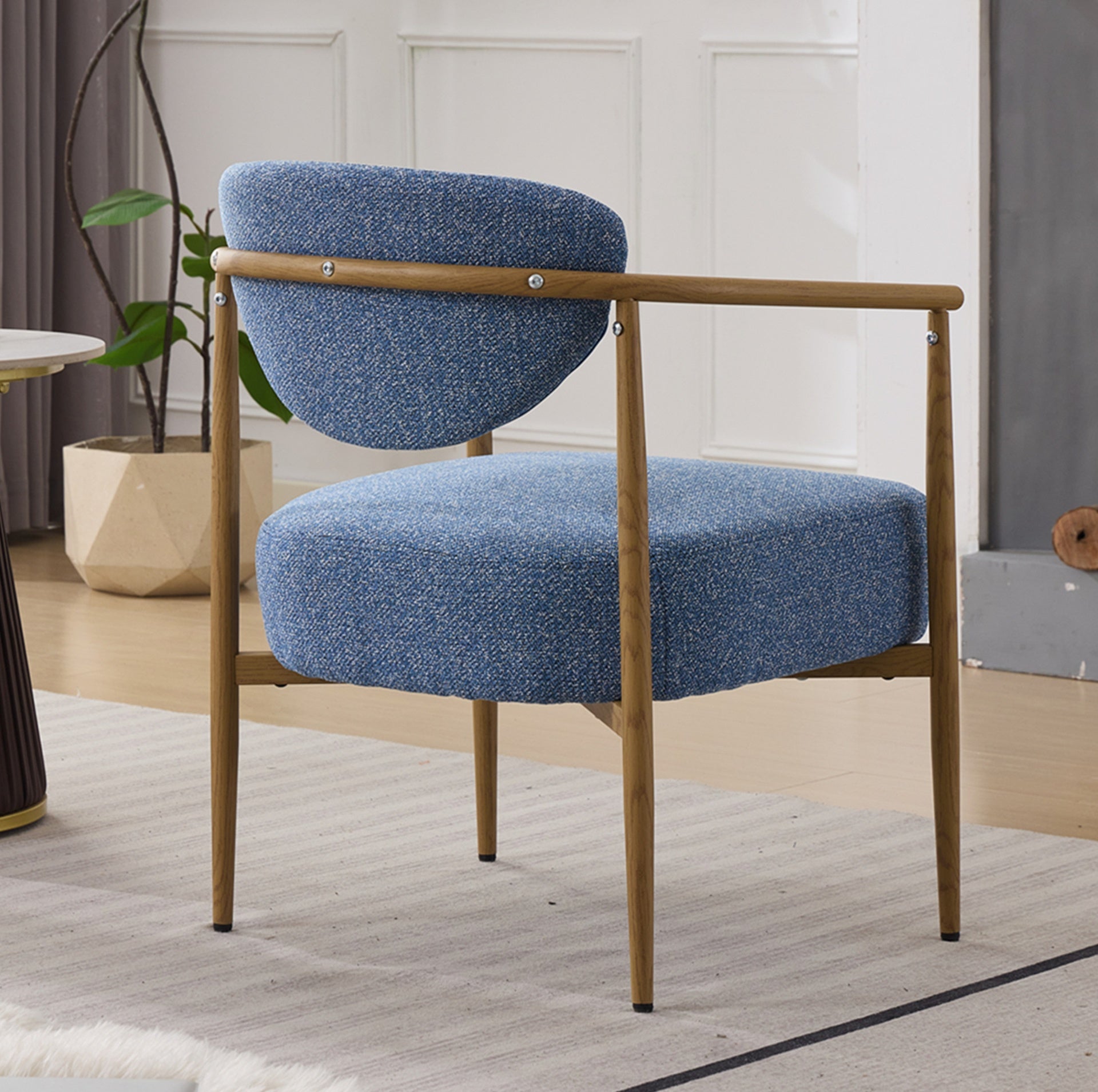 Blue fabric cover,dining room chair, living room chair, bedroom chair, woven fabric with foam back and seat,soft and comfortable seating, metal frame with water transfer pringting, wood grain visual