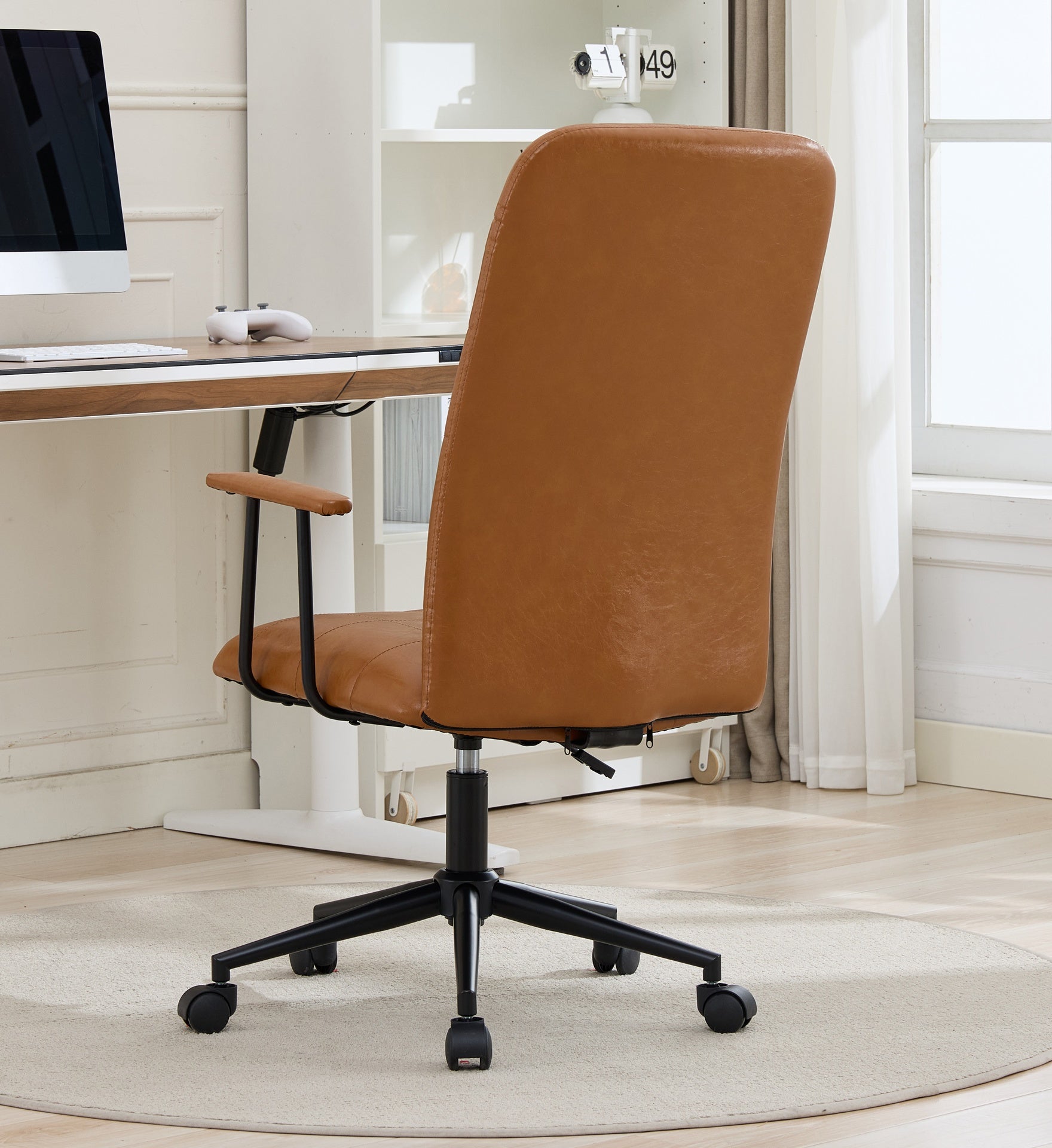 Antique brown PU leather color office chair, with armrest, high backrest, soft foam seating, 360 degree swivel , up and down adjustable gaslift,black powder coated frame,five star base, black wheels