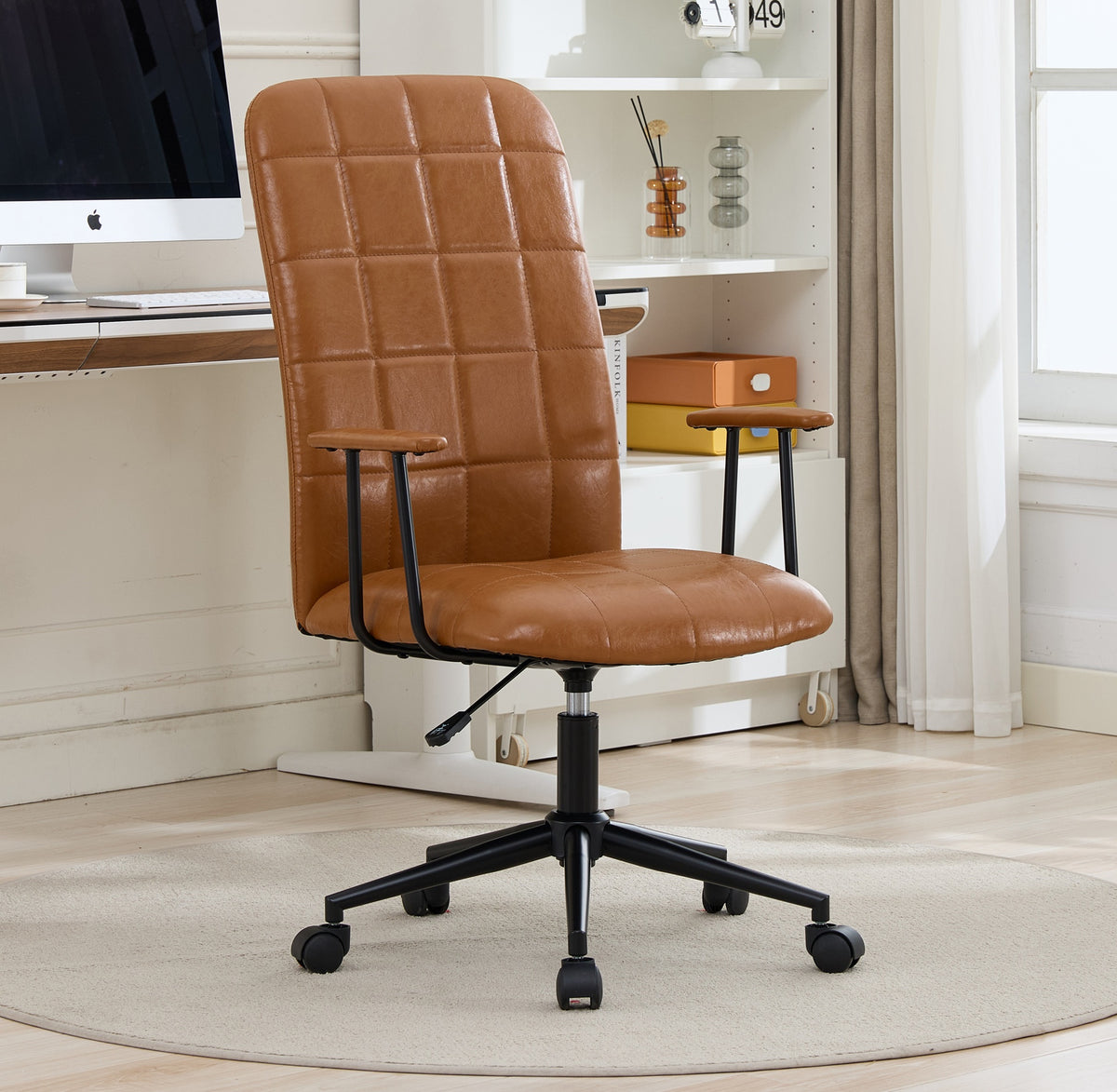 Antique brown PU leather color office chair, with armrest, high backrest, soft foam seating, 360 degree swivel , up and down adjustable gaslift,black powder coated frame,five star base, black wheels