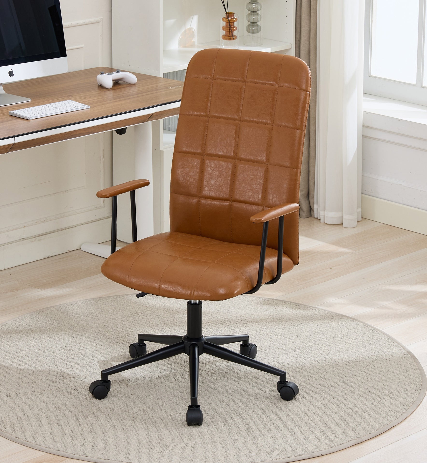 Antique brown PU leather color office chair, with armrest, high backrest, soft foam seating, 360 degree swivel , up and down adjustable gaslift,black powder coated frame,five star base, black wheels