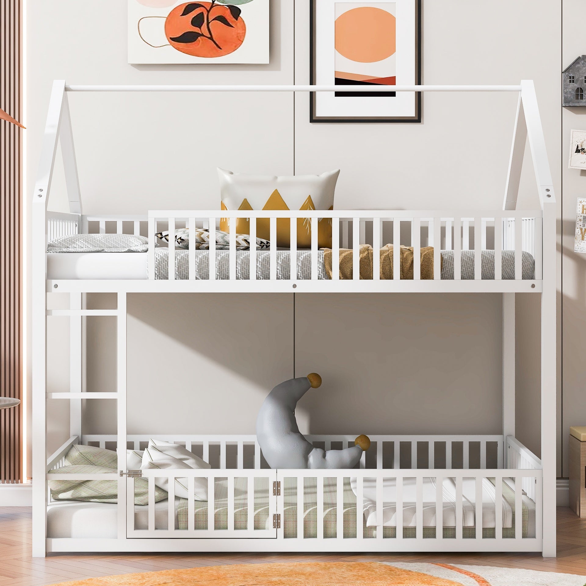 Metal Twin over Twin House Bunk Bed with Fence and Door, White