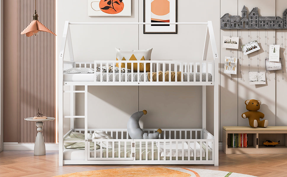 Metal Twin over Twin House Bunk Bed with Fence and Door, White