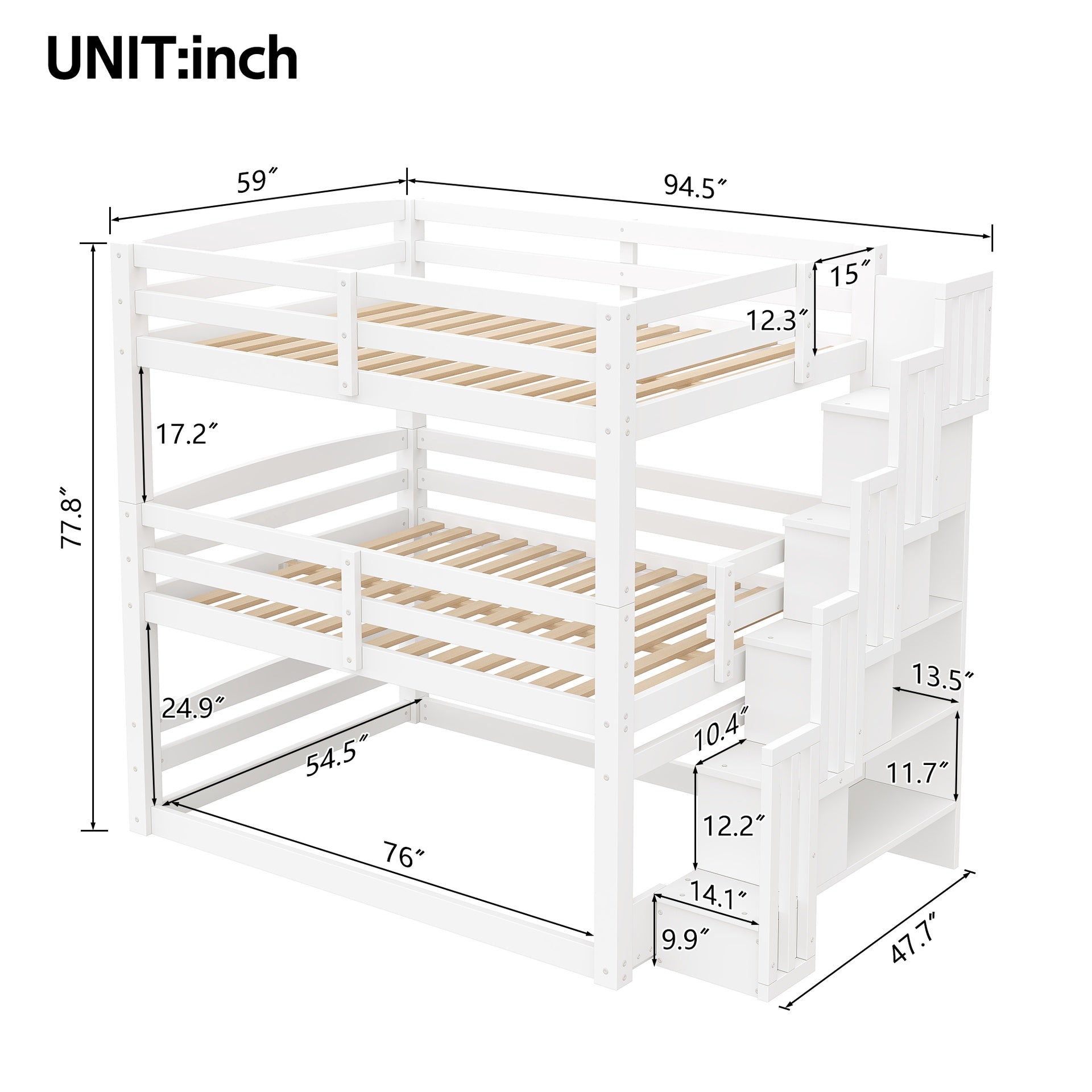 Full Size Triple Bunk Bed with Storage Staircase,Separate Design,White