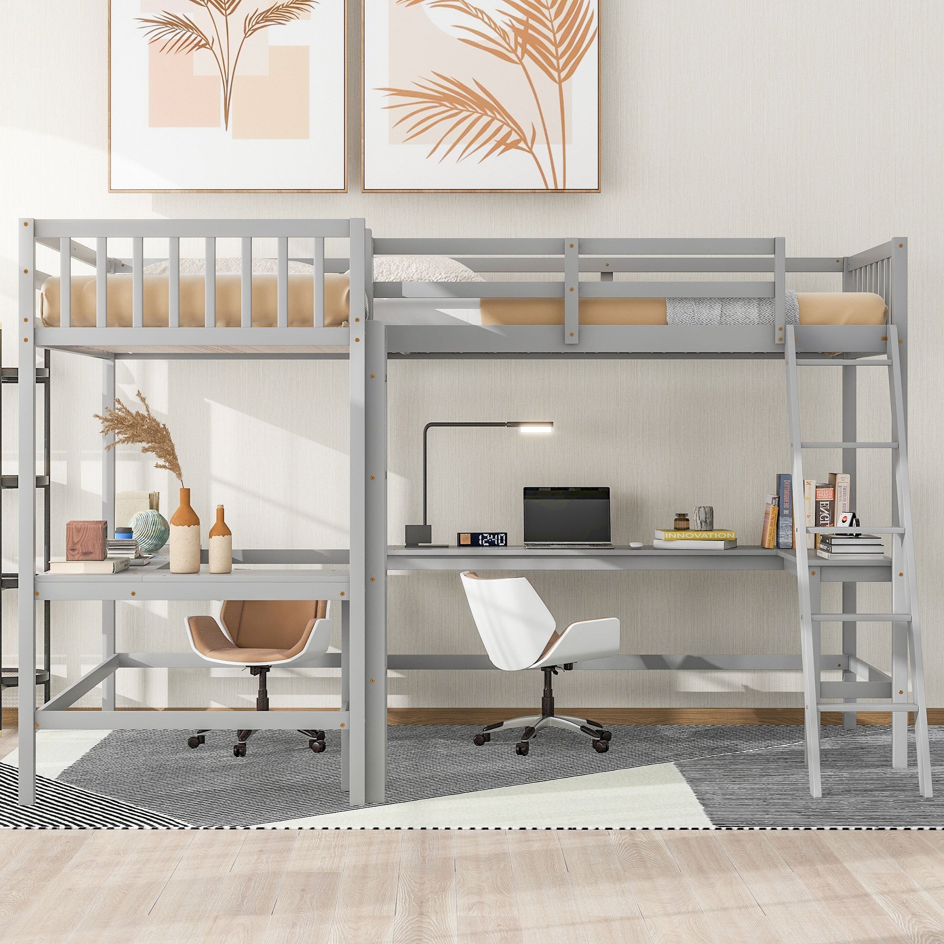 Wood Twin Size L-Shaped Loft Bed with Ladder and 2 Built-in L-Shaped Desks, Gray