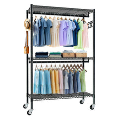 Rolling Clothes Rack, Heavy Duty Clothes Rack with Wheels, 3 Tiers Adjustable Wire Shelving Clothes Rack with 2 Clothes Rails and Side Hooks, Freestanding Portable Closet Organizer, Black