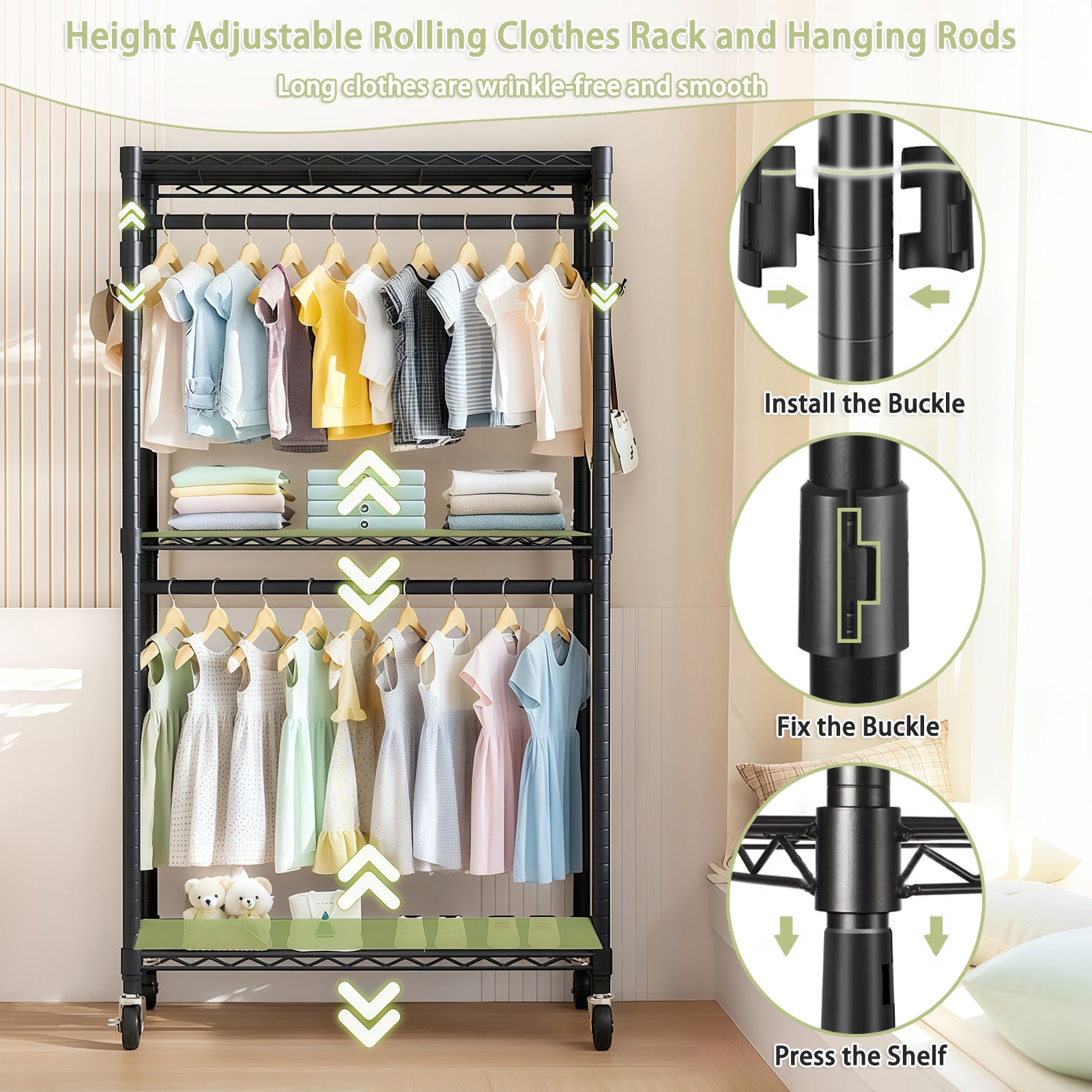 Rolling Clothes Rack, Heavy Duty Clothes Rack with Wheels, 3 Tiers Adjustable Wire Shelving Clothes Rack with 2 Clothes Rails and Side Hooks, Freestanding Portable Closet Organizer, Black