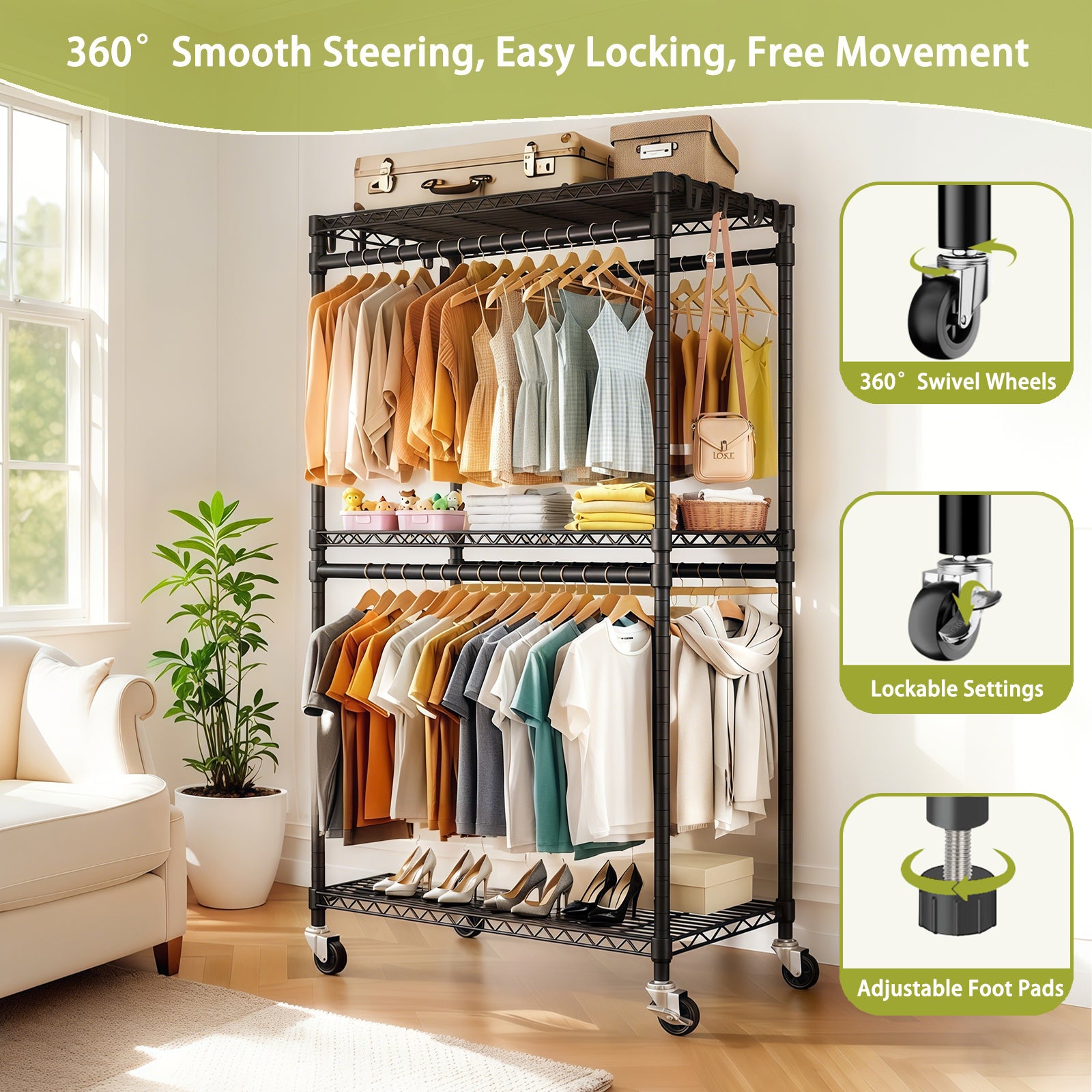 Rolling Clothes Rack, Heavy Duty Clothes Rack with Wheels, 3 Tiers Adjustable Wire Shelving Clothes Rack with 2 Clothes Rails and Side Hooks, Freestanding Portable Closet Organizer, Black