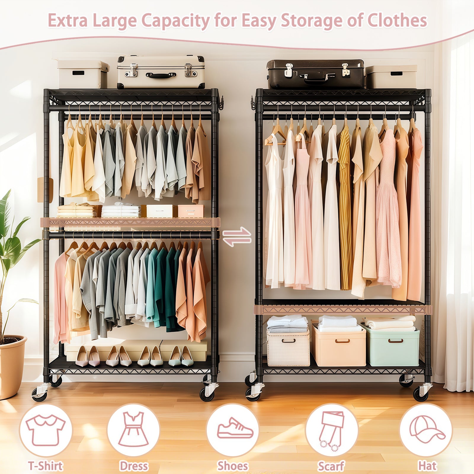 Rolling Clothes Rack, Heavy Duty Clothes Rack with Wheels, 3 Tiers Adjustable Wire Shelving Clothes Rack with 2 Clothes Rails and Side Hooks, Freestanding Portable Closet Organizer, Black