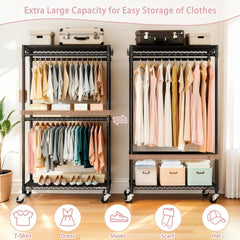 Rolling Clothes Rack, Heavy Duty Clothes Rack with Wheels, 3 Tiers Adjustable Wire Shelving Clothes Rack with 2 Clothes Rails and Side Hooks, Freestanding Portable Closet Organizer, Black
