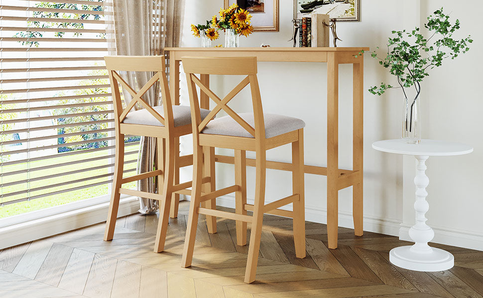 TOPMAX Farmhouse 48"Rectangular Wood Bar Height Dining Set Kitchen Breakfast Nook with 2 Chairs for Small Places,Natural+Beige