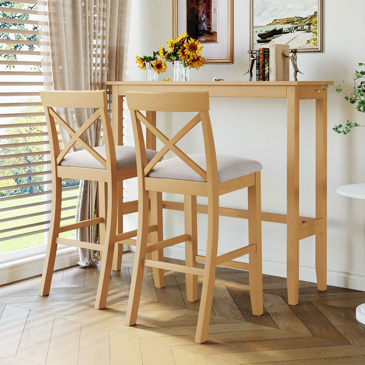 TOPMAX Farmhouse 48"Rectangular Wood Bar Height Dining Set Kitchen Breakfast Nook with 2 Chairs for Small Places,Natural+Beige