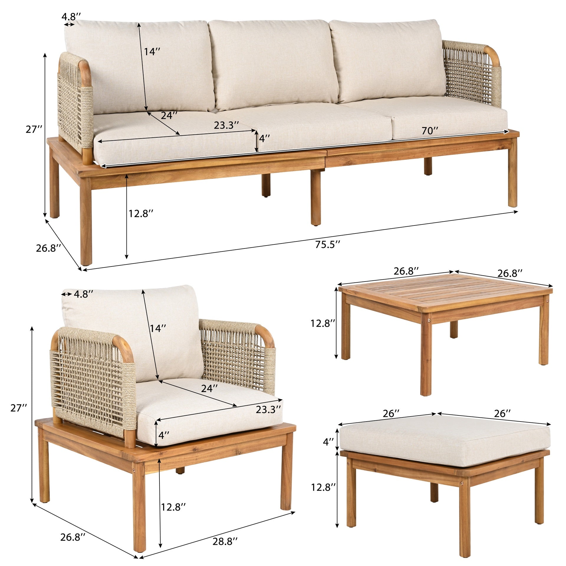 Outdoor 5-piece Acacia Wood and Rope Patio Sofa Set