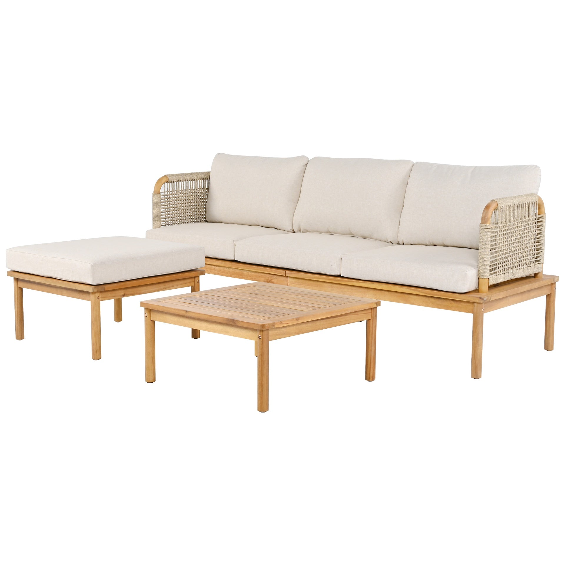 Outdoor 3-piece Acacia Wood and Rope Patio Sofa Set
