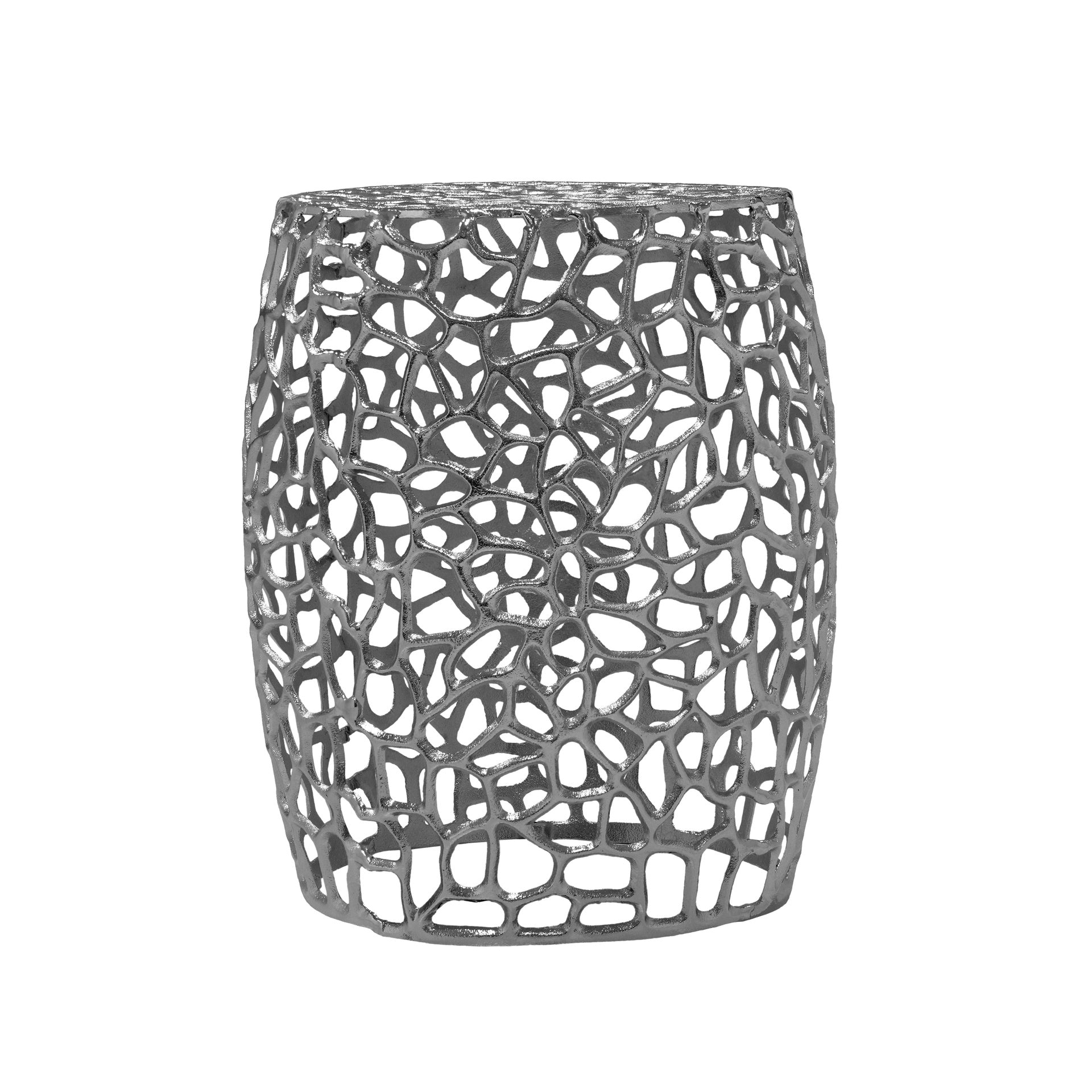 Aluminum Drum End Table with Intricate Design-Silver  Nickel