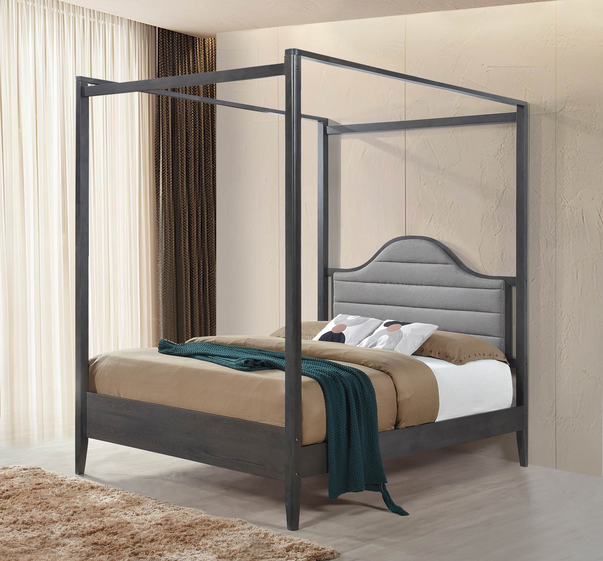 Upholstery Headboard Canopy Queen Bed 1pc Wooden Bedroom Furniture