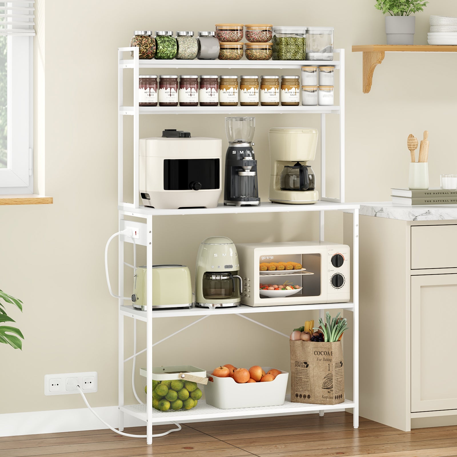 Large 5-Tier Bakers Rack with Electrical Outlets, 39 Inch Microwave Stand & Coffee Bar, Kitchen Storage Shelf for Home, Counter Space Organizer