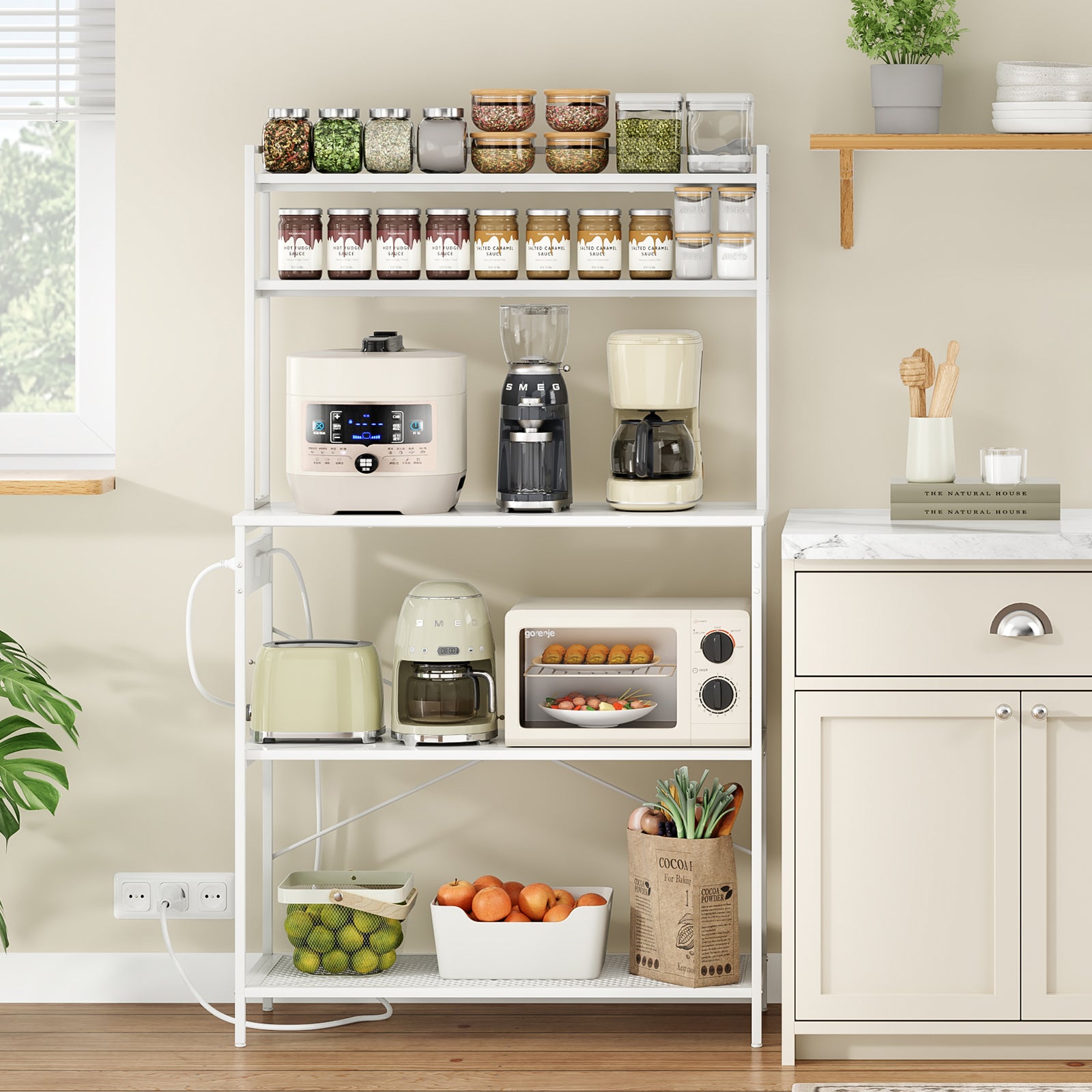 Large 5-Tier Bakers Rack with Electrical Outlets, 39 Inch Microwave Stand & Coffee Bar, Kitchen Storage Shelf for Home, Counter Space Organizer