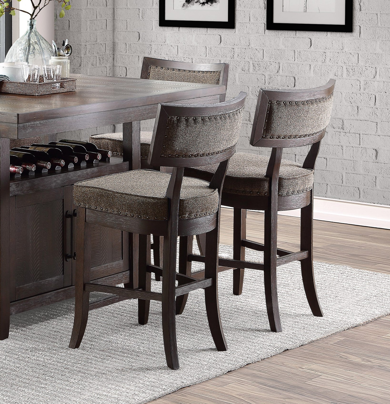 Rustic Aesthetic Dark Cherry Finish Counter Height Chair Set of 2 Wood Framed Nailhead Trim Fabric Upholstered Seat Kitchen Dining Room Furniture