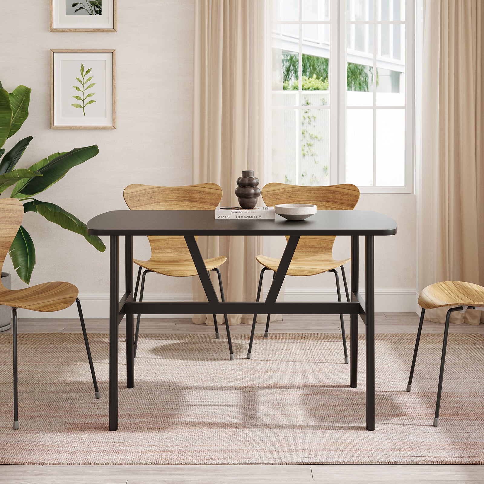 Dining Table for 4-6 Person, Rectangular Wood Kitchen Table, Modern Dinner Table with Sturdy Metal Frame for Dining Room, Kitchen, 47.2 inch, Black