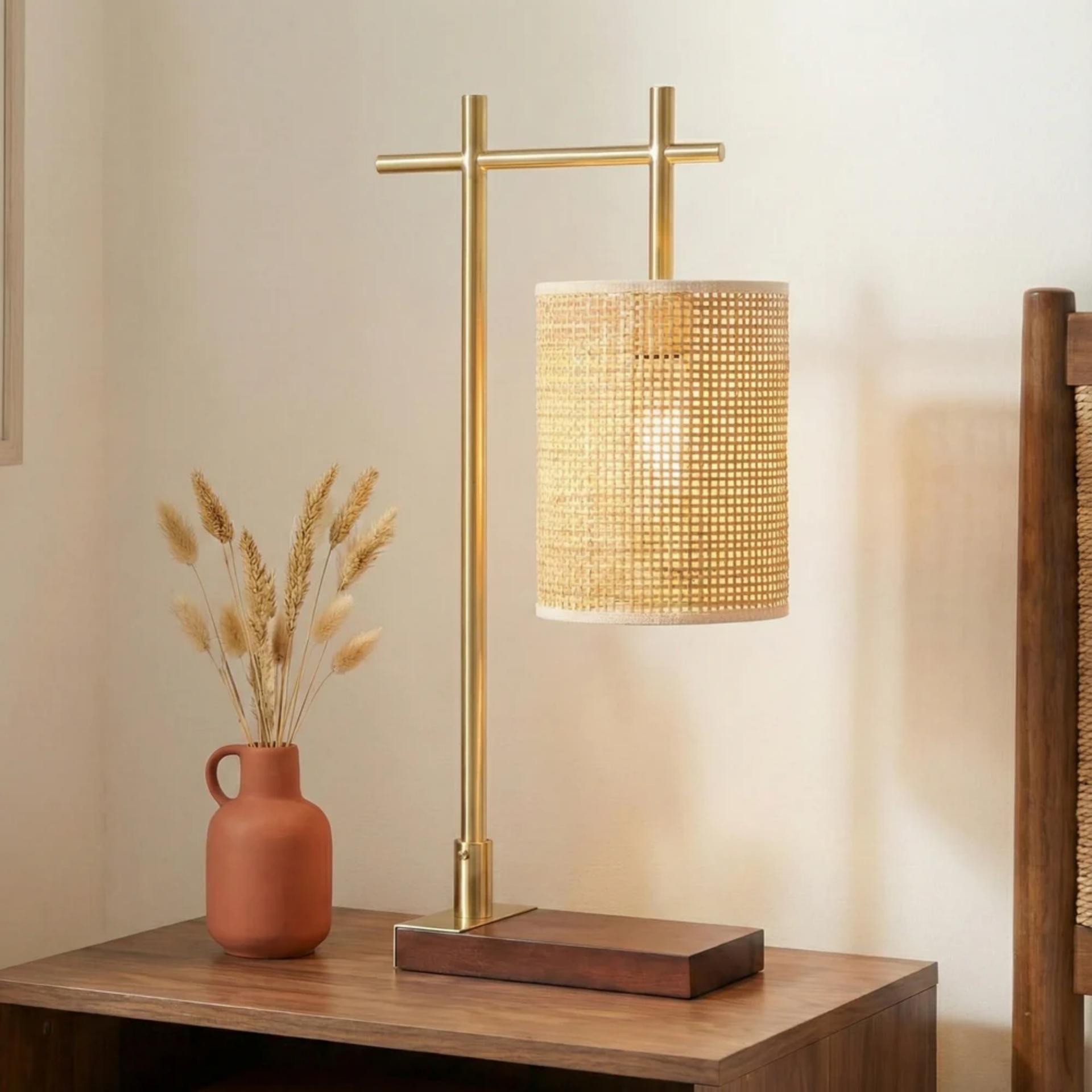 Bedroom Table Lamp Nordic Home Creative Romantic Warm Study Room Desk Bedside Lamp, Moonstone Bamboo Lampshade Table Lamp - Dark Brown - Bronze 110V