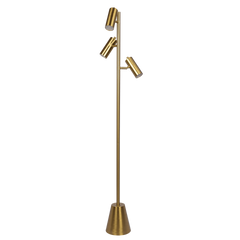 Lumina Brassed Gold Floor Lamp with Rotary Switch Triple Spots Metal Cone Base
