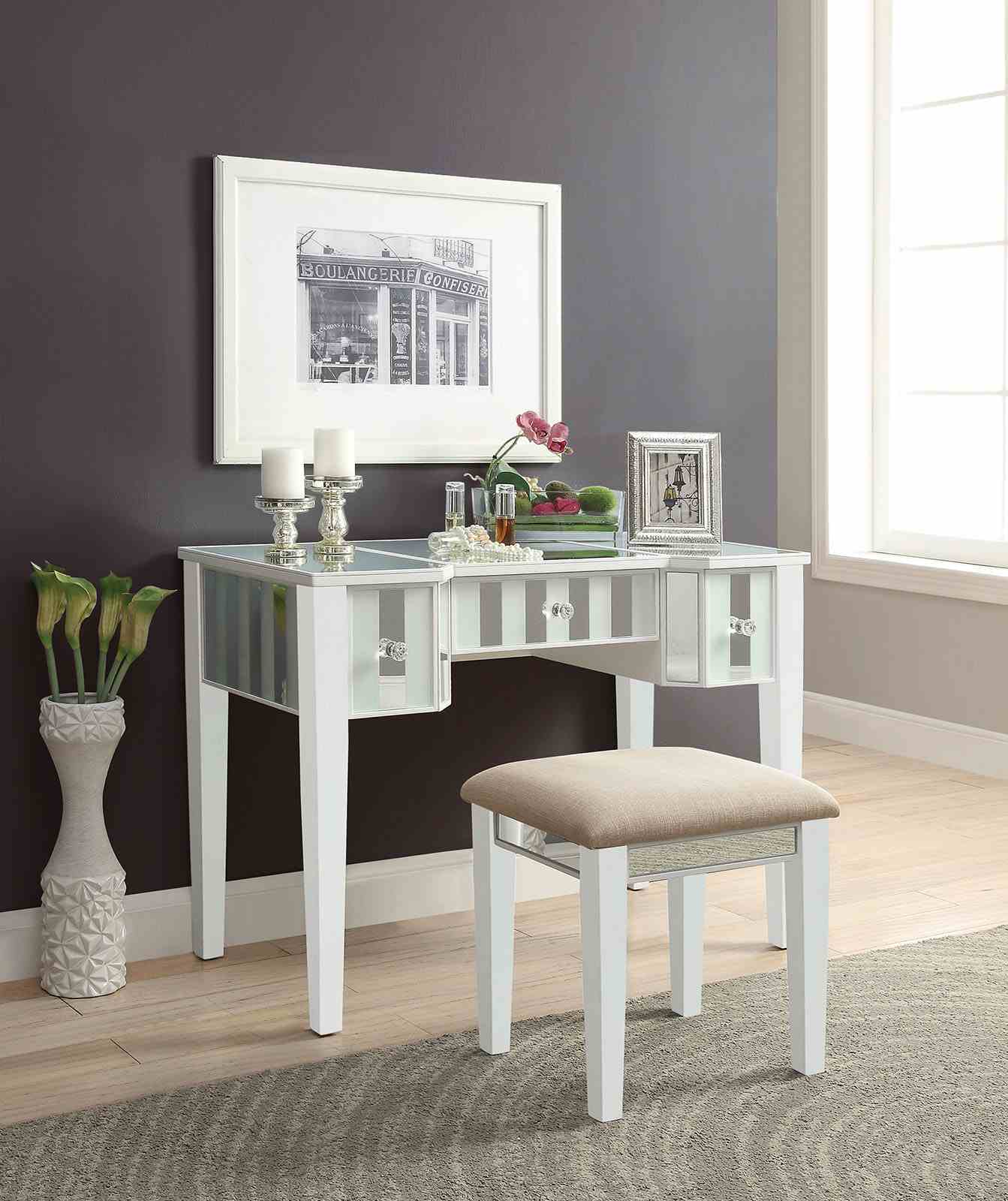 Transitional Style  1pc Vanity w/ Stool Set Core Design Storage Drawers Central Mirror Padded Stool White Finish Bedroom Furniture